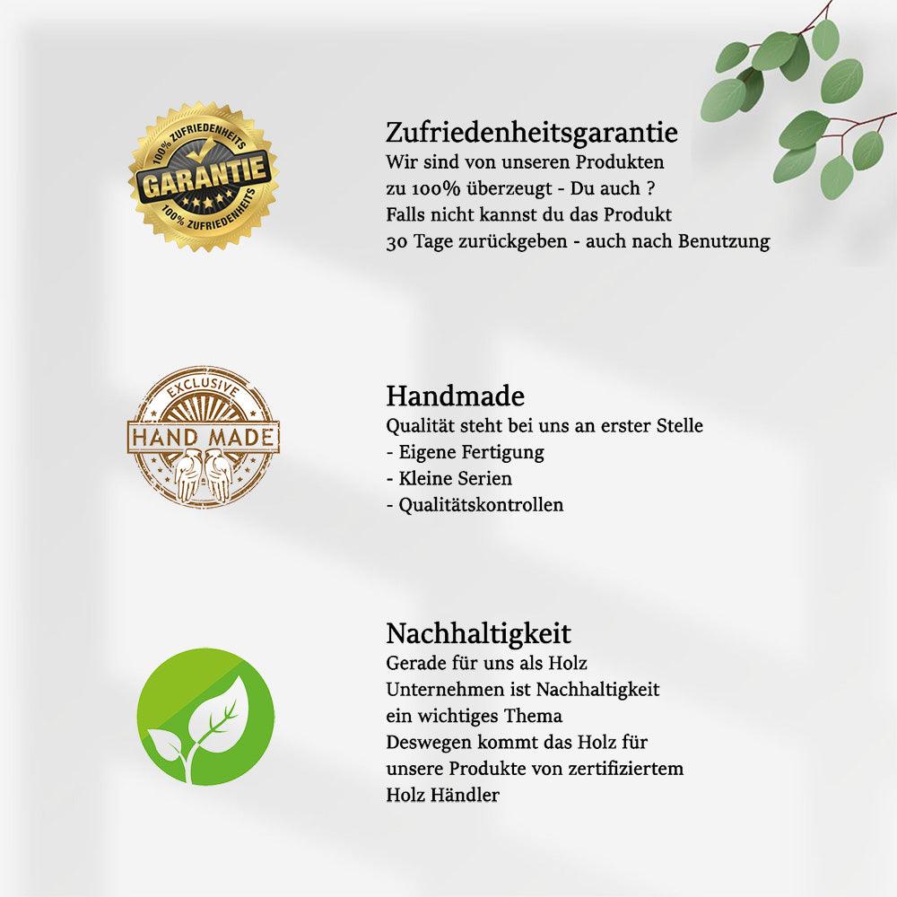 Wood Work NRW - Icons - Zufriedenheitsgarantie - Handmade - Nachhaltigkeit