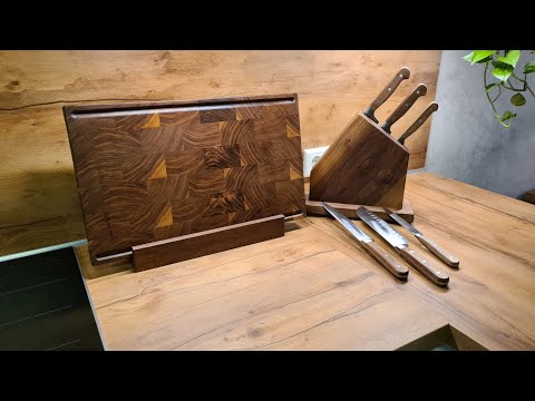Stirnholz Schneidebrett aus Nussbaum/Walnuss - Magnetischer Messerblöck - Küche
